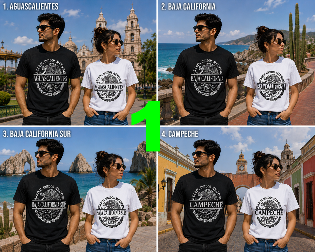 Chilango Town Mexican State Shirts featuring Aguascalientes, baja California, Baja California Sur, and Campeche