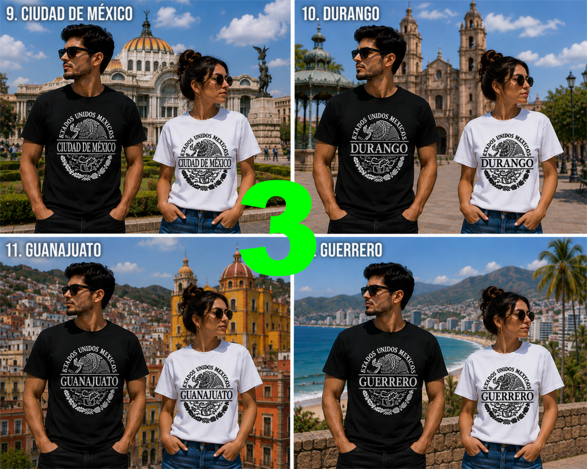 Chilango Town Mexican State shirts featuring Ciudad de Mexico, Durango, Guanajuato, Guerrero