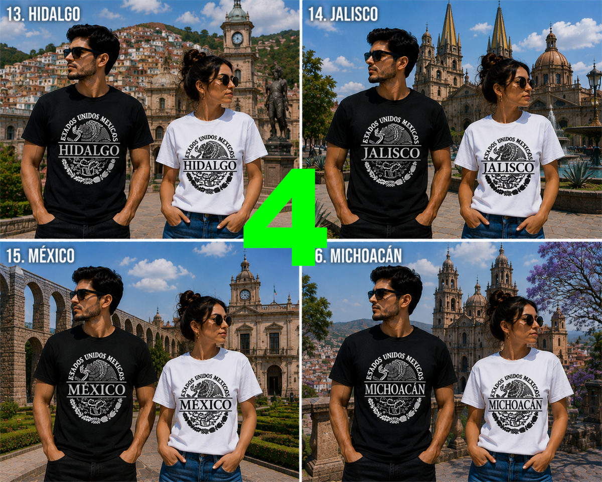 Chilango Town Mexican State shirts featuring Hidalgo, Jalisco, Mexico, and Michoacan
