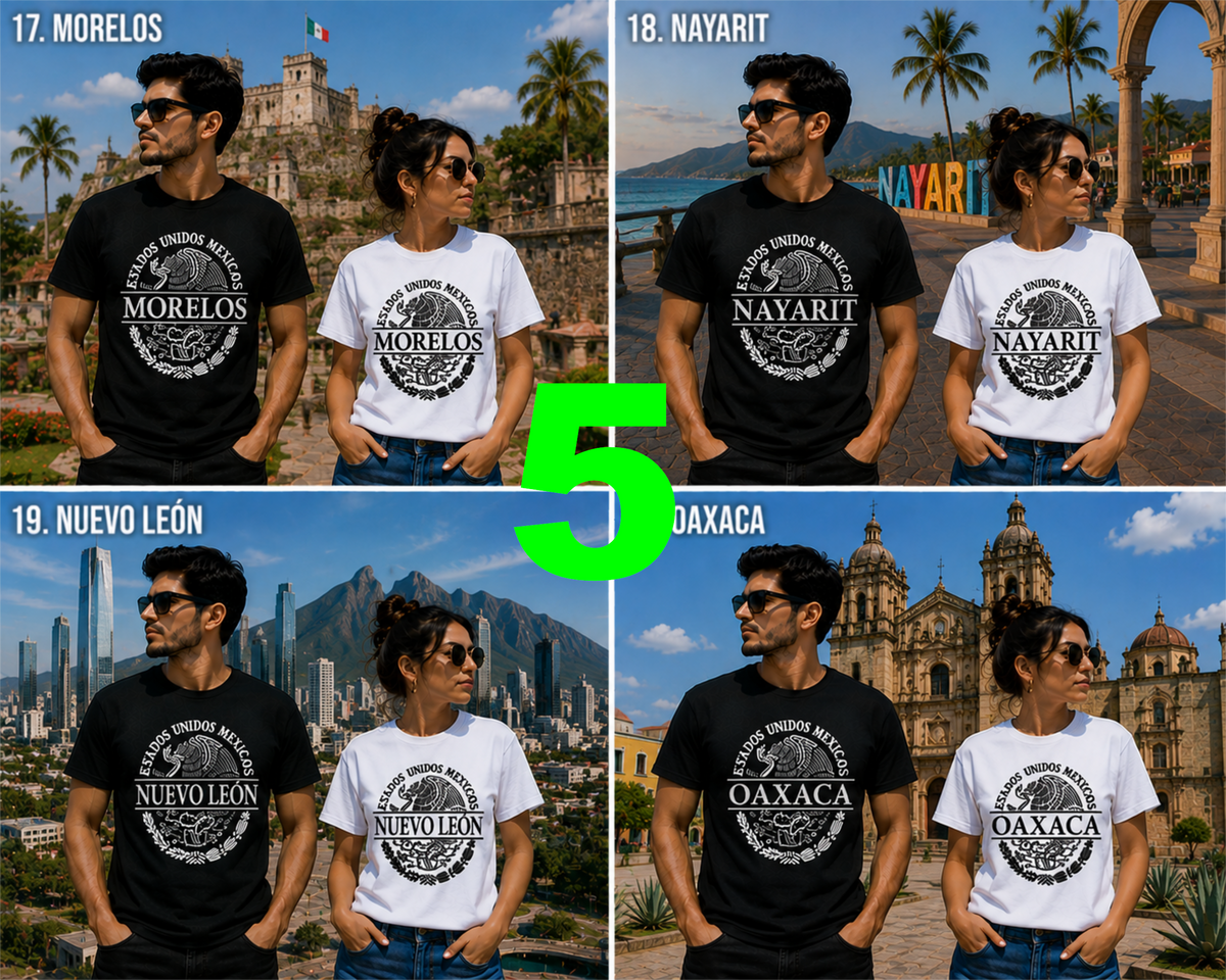 Chilango Town Mexican State shirts featuring Morelos, Nayarit, Nuevo Leon, Oaxaca
