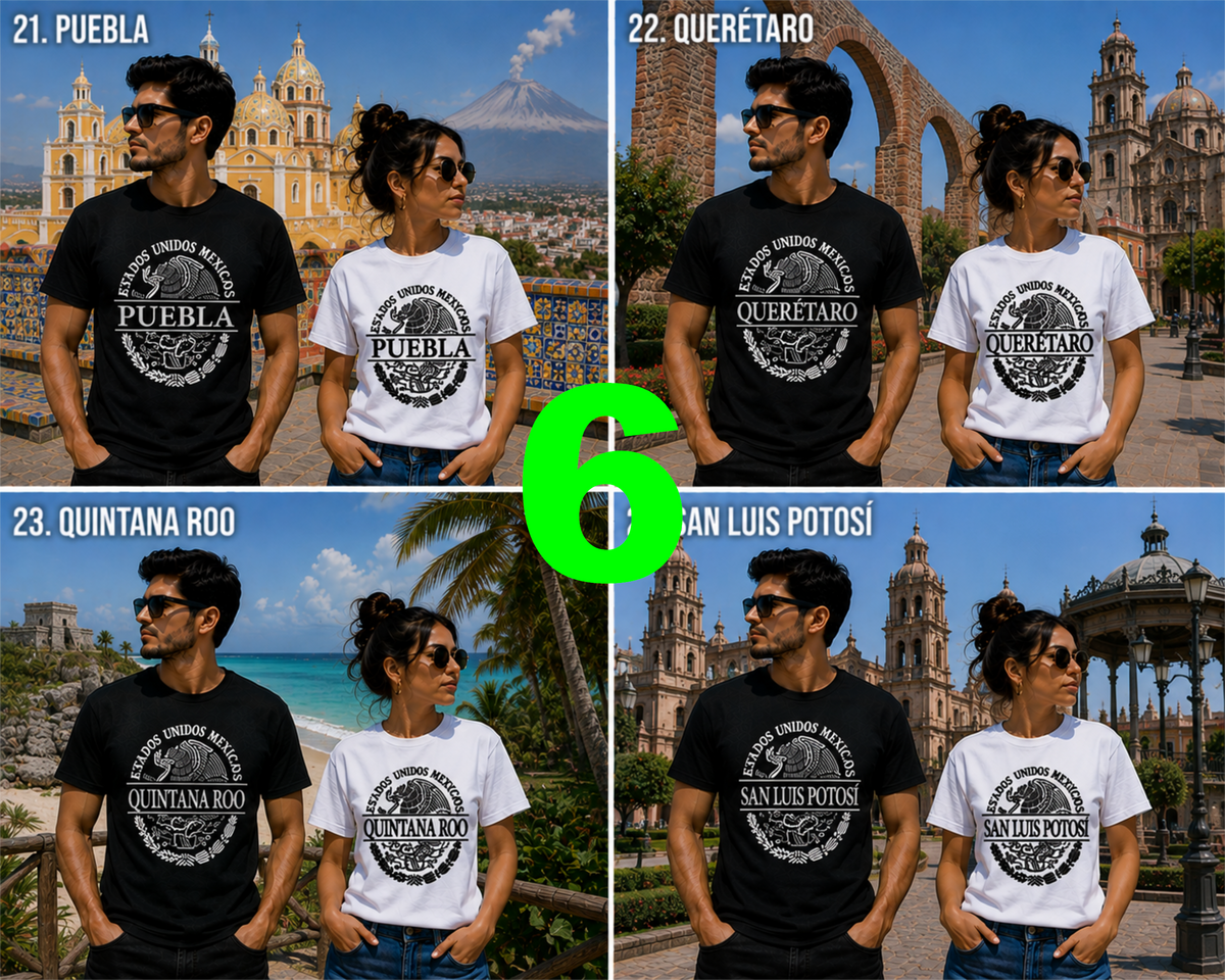 Chilango Town Mexican State shirts featuring Puebla, Queretaro, Quintana Roo, and San Luis Potosi