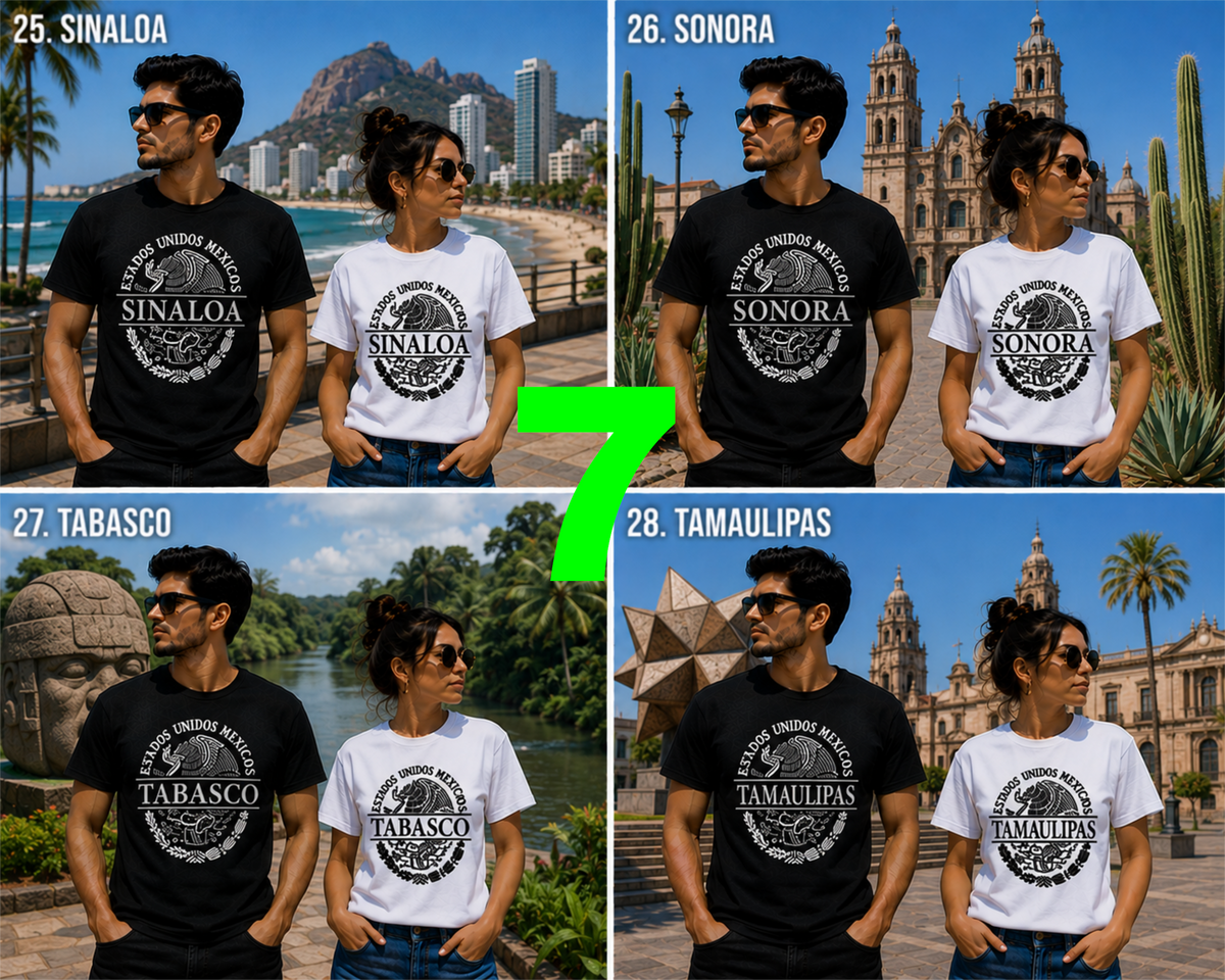 Chilango Town Mexican State shirts featuring Sinaloa, Sonora, Tabasco and Tamaulipas