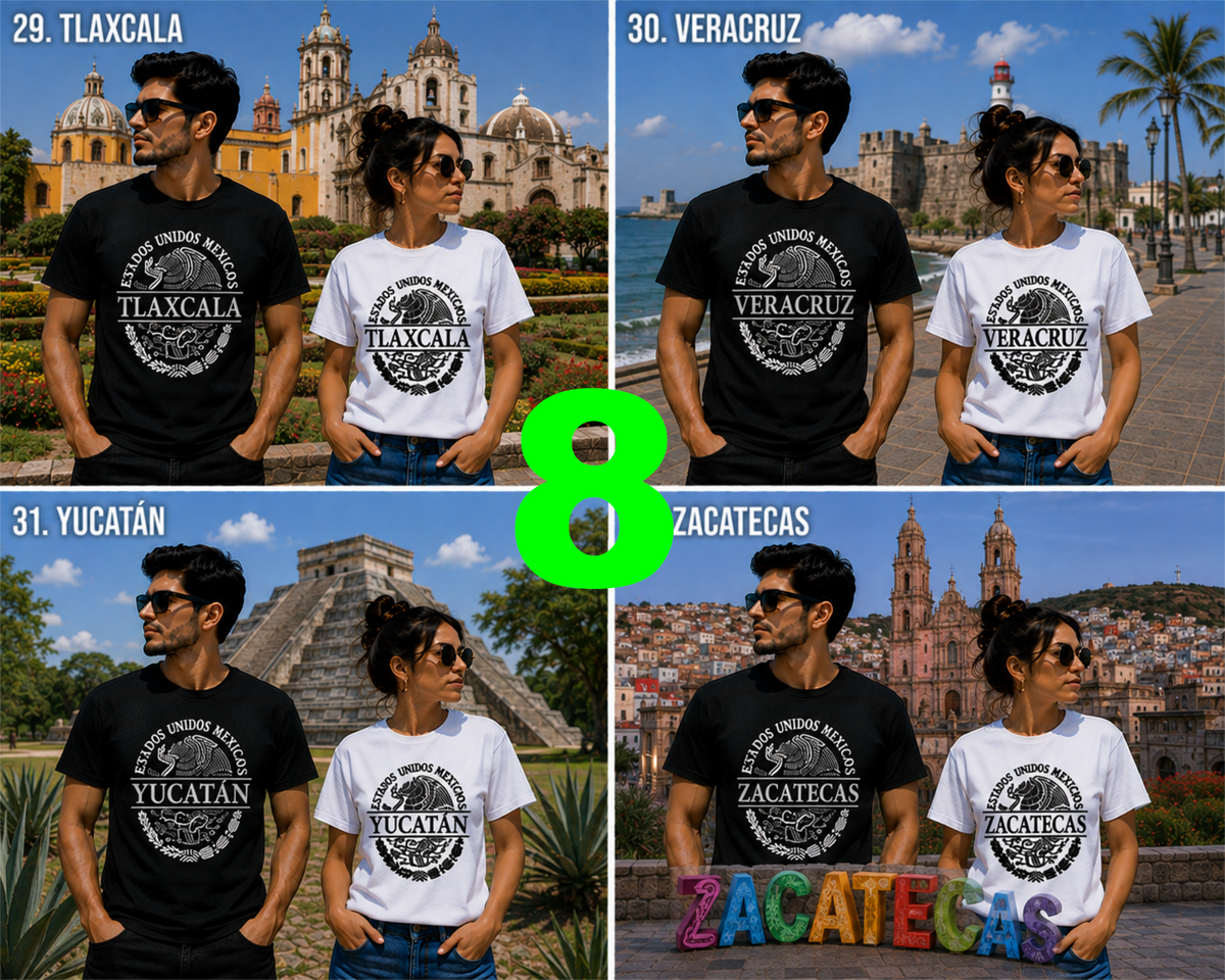 Chilango Town Mexican State shirts featuring Tlaxcala, Veracruz, Yucatan, and Zacatecas